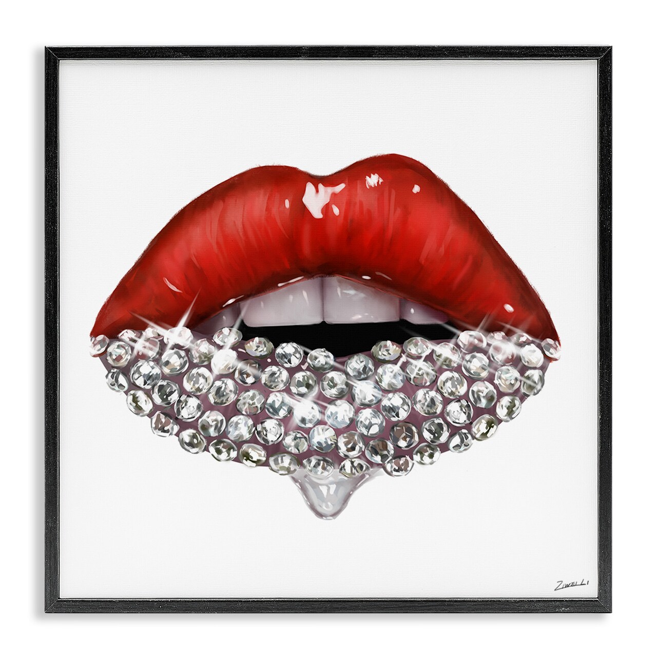 Stupell Industries Red Glam Lips with Gemstones Framed Giclee Art